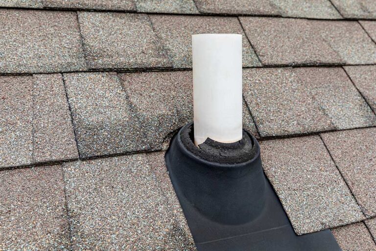 A homeowner examines roof shingles from the ground while checking a ladder and attic notes.